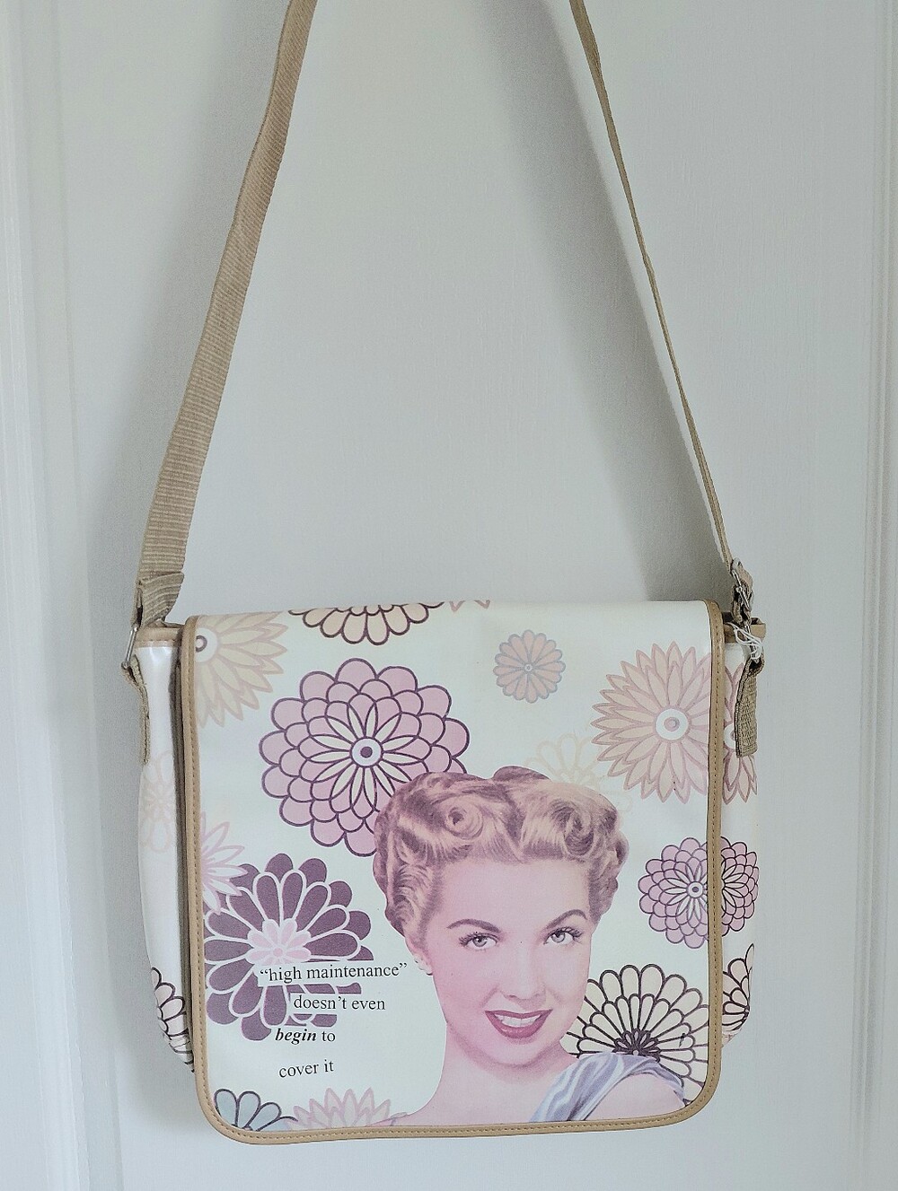 Vintage Cream and Pink Portrait Crossbody Bag